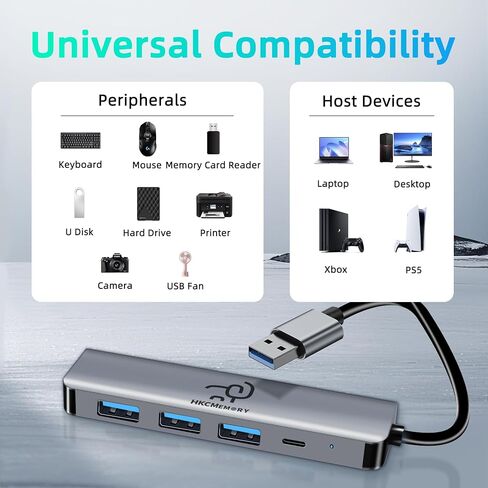 محول موزع USB 5 في 1، مع USB 3.0، ومنافذ USB 2.0 وتوصيل طاقة من النوع C، وموسع لمنفذ الكمبيوتر المحمول، والكمبيوتر الشخصي، وسطح المكتب، وPS4/5، وXbox والمزيد in Kuwait