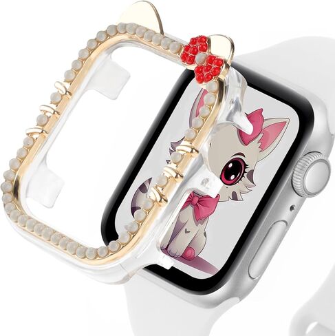 حافظة كارتون ممتصة للصدمات متوافقة مع غطاء ساعة ابل للنساء سلسلة iWatch 9 8 7 41 ملم 45 ملم، السلسلة 6 5 4 SE 2 40 ملم 44 ملم، غطاء وجه واقٍ لطيف على شكل قطة شفاف وواقي صلب من البولي كربونات in Kuwait