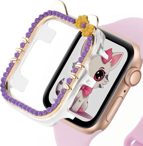 حافظة كارتون ممتصة للصدمات متوافقة مع غطاء ساعة ابل للنساء سلسلة iWatch 9 8 7 41 ملم 45 ملم، السلسلة 6 5 4 SE 2 40 ملم 44 ملم، غطاء وجه واقٍ لطيف على شكل قطة شفاف وواقي صلب من البولي كربونات in Kuwait