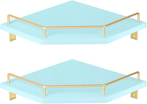 Tirzah White Wall Mount Corner Shelf مع الدرابزين المعدني الذهبي ، و 2 من مستويين 9.5 بوصة على شكل ماس على شكل ماس أرفف عائم لمنظم مطبخ ديكور المنزل in Saudi Arabia