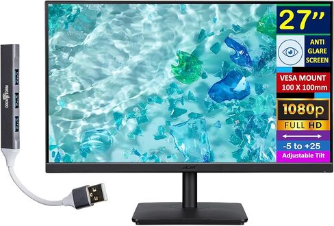 acer 27" FHD IPS Monitor with 4ms Response Time, Anti Glare, VESA Mount (100mm), VGA, HDMI & DKZ USB Port Expander, Black Color 2 Pack in Saudi Arabia