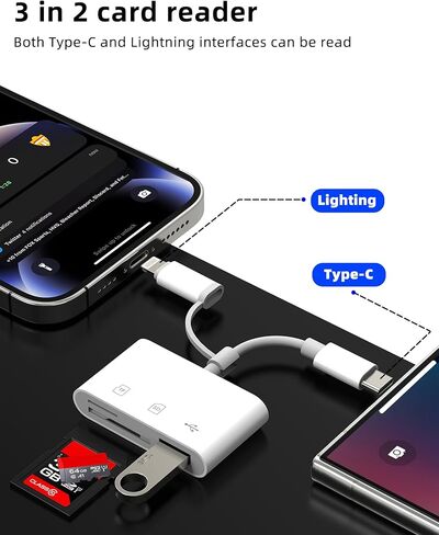 قارئ بطاقة SD لمحول Iphone USB C لـ 17 16 15 14 Pro ملحقات الكاميرا Lightning Micro Phone (3in2) OTG نوع منفذ الإضاءة صور مزدوجة Macbook Laptop مزدوج محمول محول سلك التصوير الفوتوغرافي in Kuwait
