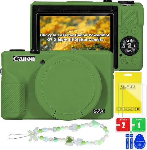 حافظة لكاميرا Canon Powershot G7 X Mark III الرقمية، حماية من السيليكون الناعم مع غطاء عدسة قابل للإزالة، ملحقات G7 X Mark III (2 غطاء زجاجي مقوى، 1 حزام معصم ساحر) - وردي in Saudi Arabia