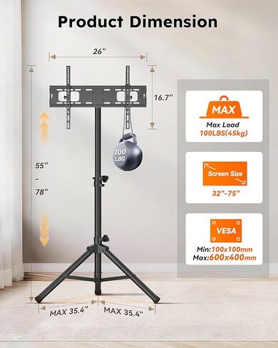 Portable Tripod TV Stand for 32-75 inch TVs, Heavy Duty Outdoor Height Adjustable Floor TV Stand with 15° Tilt for Flat/Curved Screens, Holds up to 100lbs, Max VESA 600x400mm in Saudi Arabia