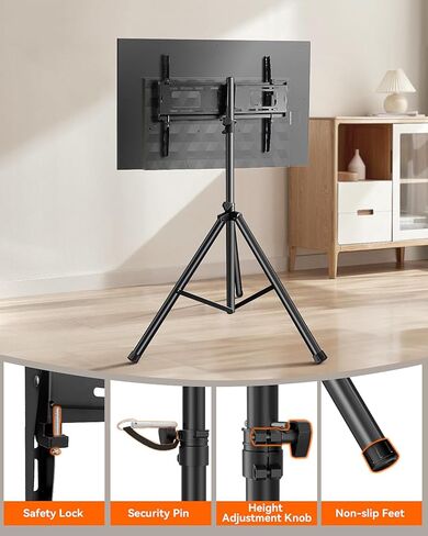 Portable Tripod TV Stand for 32-75 inch TVs, Heavy Duty Outdoor Height Adjustable Floor TV Stand with 15° Tilt for Flat/Curved Screens, Holds up to 100lbs, Max VESA 600x400mm in Saudi Arabia
