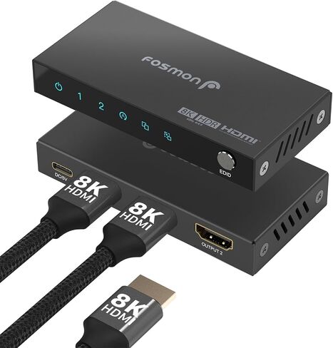 Fosmon 8K HDMI Splitter 1 in 2 Out, 1x2 4K@120Hz HDMI 2.1 Splitter for Dual Monitor Screen Duplication, Support EDID Control (Copy/Auto/Downscaler), LPCM, DTS, Dolby Digital, HDCP2.3, CEC, HDR10 in Saudi Arabia