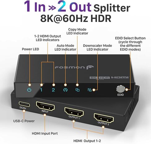 Fosmon 8K HDMI Splitter 1 in 2 Out, 1x2 4K@120Hz HDMI 2.1 Splitter for Dual Monitor Screen Duplication, Support EDID Control (Copy/Auto/Downscaler), LPCM, DTS, Dolby Digital, HDCP2.3, CEC, HDR10 in Saudi Arabia