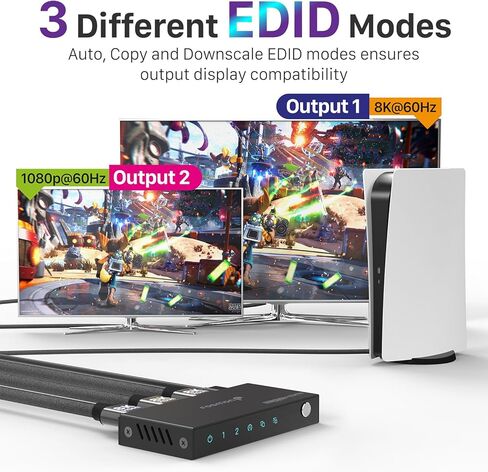 Fosmon 8K HDMI Splitter 1 in 2 Out, 1x2 4K@120Hz HDMI 2.1 Splitter for Dual Monitor Screen Duplication, Support EDID Control (Copy/Auto/Downscaler), LPCM, DTS, Dolby Digital, HDCP2.3, CEC, HDR10 in Saudi Arabia