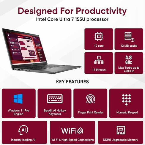 كمبيوتر محمول Dell Latitude 3550 15 مقاس 15.6 بوصة FHD Business AI، Intel 12-Core Ultra 7 155U (Beat i7-1355U)، ذاكرة الوصول العشوائي DDR5 سعة 32 جيجابايت، 1 تيرابايت PCIe SSD، WiFi 6، BT 5.3، لوحة مفاتيح بإضاءة خلفية، قارئ بصمات الأصابع، Windows 11 Pro in Kuwait