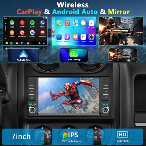 ستيريو سيارة لسيارة Jeep Wrangler JK Radio 2007-2018 Chrysler Dodge Ram 1500 مع CarPlay اللاسلكي وAndroid Auto، شاشة لمس 7 بوصة لراديو السيارة Jeep مع WiFi GPS FM Bluetooth SWC (بدون ملحقات) in Kuwait
