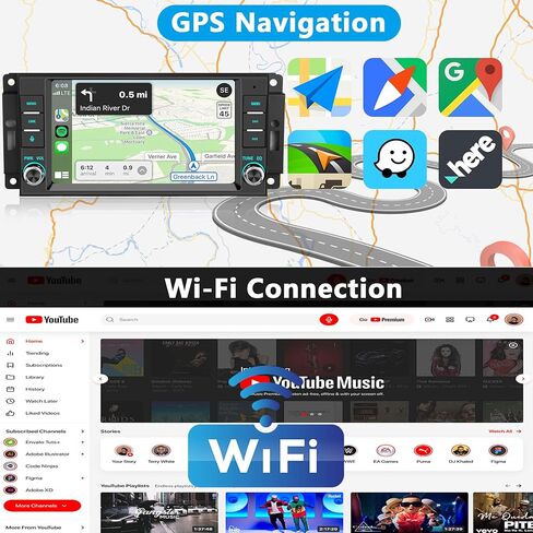 Car Stereo for Jeep Wrangler JK Radio 2007-2018 Chrysler Dodge Ram 1500 with Wireless CarPlay & Android Auto, 7 Inch Touch Screen for Jeep Car Radio with WiFi GPS FM Bluetooth SWC（No Accessories） in Kuwait