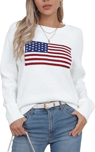 shermie Women's Long Sleeve Crew Neck Sweater Casual Lightweight American Flag Pullover Sweaters in Saudi Arabia