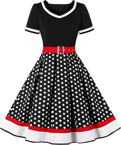 Nihsatin Vintage 1950s Retro Rockabilly Swing Dress Polka Dots Cocktail Dress with Belt in Kuwait