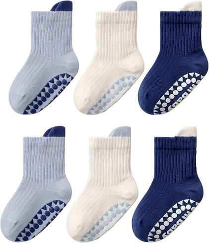 6 Pairs Toddler Boys Grips Socks Non Slip Kids Baby Girls Crew Cotton Socks with Grippers in Saudi Arabia