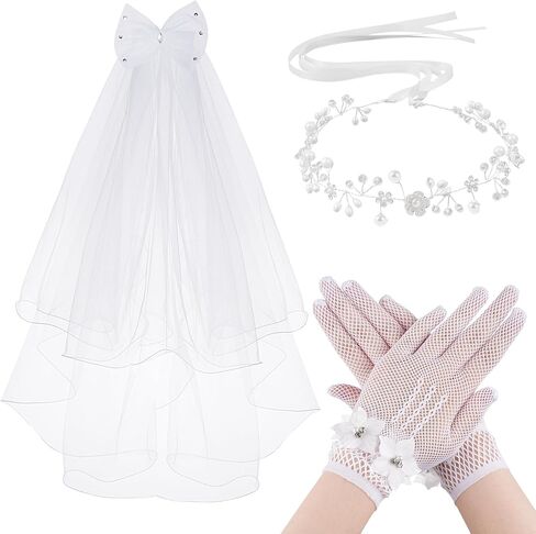 3 PCS أول شركة Compleion Veil مجموعة قفازات الرأس للفتيات 1st Holy Compleion Associory لحفل الزفاف in Kuwait