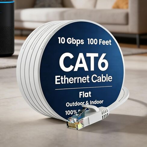 Cat 6 Ethernet Cable 100ft, Indoor&Outdoor, High Speed 10Gbps Flat Internet Network Cable, Pure Copper Ethernet Patch Cable Short, Cat6 Computer Cable with Snagless RJ45 Connectors, White in Saudi Arabia