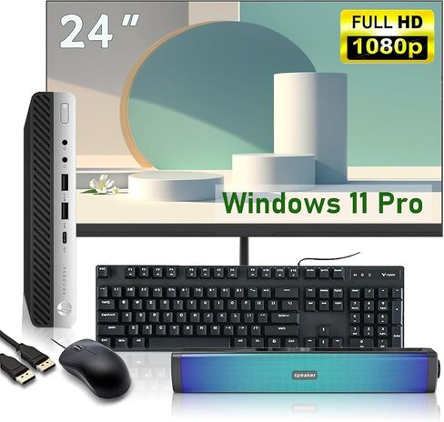 HP ProDesk 600 G4 Mini Desktop PC with 24" FHD Monitor and RGB Speakers PC Set, Intel Core i5-8500T, 8 GB RAM, 256 GB SSD, USB Keyboard & USB Mouse, Windows 11 Pro (Renewed) in Kuwait