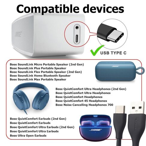 شاحن مكبر صوت Bose USB A إلى USB C سلك شحن 3 أقدام متوافق مع شاحن Bose للسماعات المحمولة SoundLink Max/Plus/Home/Micro(2nd)/flex(2nd Gen)/Earbuds/QuietComfort Headphones Type C Charge Cable in Kuwait