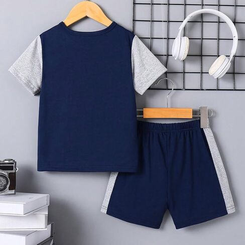 Boys Color Block Shorts Set Summer Two Piece Outfit Kids Short Sleeve Splicing T-Shirt and Bottoms Activewear Sports Clothes in Saudi Arabia