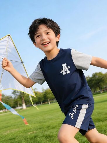 Boys Color Block Shorts Set Summer Two Piece Outfit Kids Short Sleeve Splicing T-Shirt and Bottoms Activewear Sports Clothes in Saudi Arabia