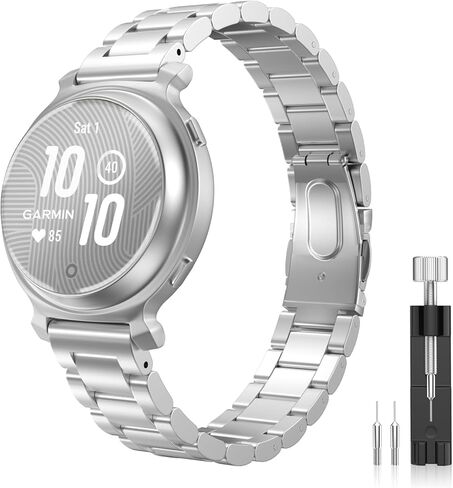 سوار ساعة MoKo معدني متوافق مع Garmin Lily 2/Lily 2 Active، حزام رياضي من الفولاذ المقاوم للصدأ سريع الفك مع أداة تعديل للرجال والنساء، فضي in Kuwait