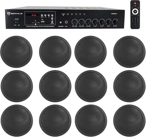 Rockville Commercial 70v Amp+12 سماعات سقف سوداء مقاس 5 بوصات 4 مطاعم/بار/مقهى in Saudi Arabia