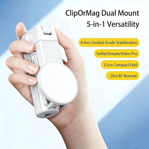 2026 New Pocket Selfie Stick: Magnetic/Clamp Dual Mount, Multi-Angle, Tripod, Wireless Remote, Fill Light, Vlogging Essential| for iPhone & Android (White) in Kuwait