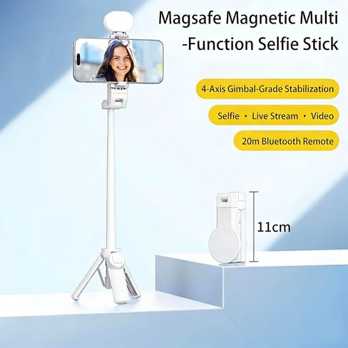 2026 New Pocket Selfie Stick: Magnetic/Clamp Dual Mount, Multi-Angle, Tripod, Wireless Remote, Fill Light, Vlogging Essential| for iPhone & Android (White) in Kuwait