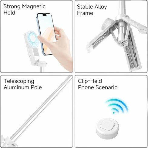 2026 New Pocket Selfie Stick: Magnetic/Clamp Dual Mount, Multi-Angle, Tripod, Wireless Remote, Fill Light, Vlogging Essential| for iPhone & Android (White) in Kuwait