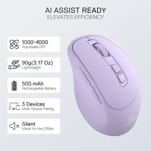Redragon BM4195 AI ماوس لاسلكي ذكي، 2.4G & BT ماوس مكتب كمبيوتر، ترجمة وكتابة صوتية، 5 DPI قابلة للتعديل، تصميم مريح، عمر بطارية طويل، للكمبيوتر المحمول/سطح المكتب/الكمبيوتر الشخصي، أرجواني in Saudi Arabia