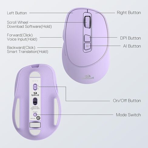 Redragon BM4195 AI ماوس لاسلكي ذكي، 2.4G & BT ماوس مكتب كمبيوتر، ترجمة وكتابة صوتية، 5 DPI قابلة للتعديل، تصميم مريح، عمر بطارية طويل، للكمبيوتر المحمول/سطح المكتب/الكمبيوتر الشخصي، أرجواني in Saudi Arabia