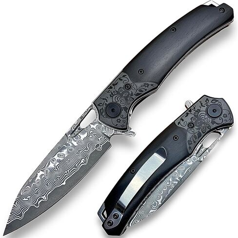 سكين جيب دمشقي قابل للطي EDC من TACTICAL GEARZ، مقبض من خشب الأبنوس المنحوت حسب الطلب (Okina XT) in Kuwait