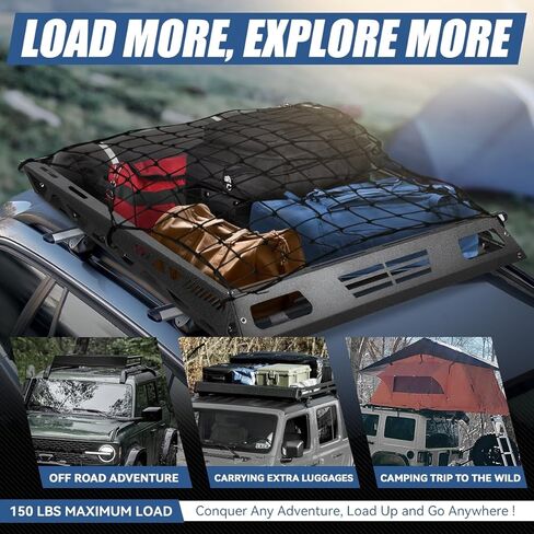 Auto Dynasty Universal 55 بوصة طول × 41 بوصة عرض حامل سقف علوي حامل البضائع سلة فولاذية مع هدية الرياح وشبكة شحن، سعة 150 رطل، طلاء مسحوق أسود خشن in Kuwait