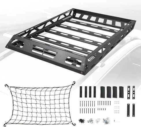 Auto Dynasty Universal 55 بوصة طول × 41 بوصة عرض حامل سقف علوي حامل البضائع سلة فولاذية مع هدية الرياح وشبكة شحن، سعة 150 رطل، طلاء مسحوق أسود خشن in Kuwait