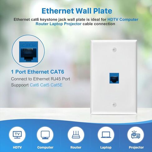 10 Pack Ethernet Wall Outlet, 1-Port Cat6 RJ45 Keystone Jack with Single Gang Low Voltage Mounting Bracket, Ethernet Wall Plate Blue Coupler Female to Female Network Cable Cover in Saudi Arabia