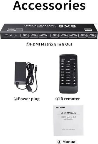 HDMI مصفوفة التبديل 8 × 8 4K المتفجرة HDMI2.0 موزع مصفوفة 8 في 8 خارج مصفوفة فيديو التبديل الفاصل HD 4K @ 60 هرتز دعم RS232 EDID IR التحكم عن بعد HDR 18 جيجابت في الثانية 3D 3.5 ملم صوت ستيريو بلو راي DVD et in Kuwait