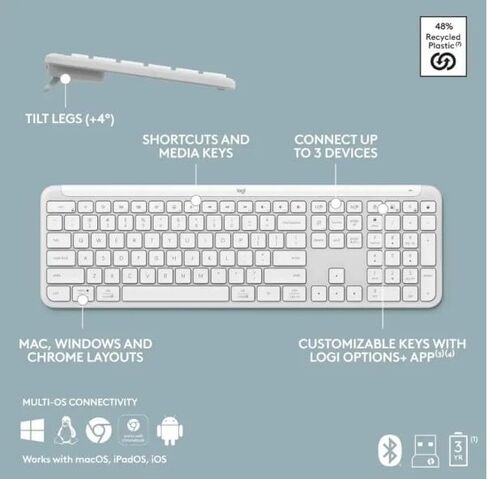 لوحة مفاتيح لاسلكية Logitech Signature Slim K950، تصميم أنيق، تبديل الكتابة بين الأجهزة، كتابة هادئة، بلوتوث، أنظمة تشغيل متعددة، Windows، Mac، Chrome - أبيض فاتح (متجدد) in Kuwait