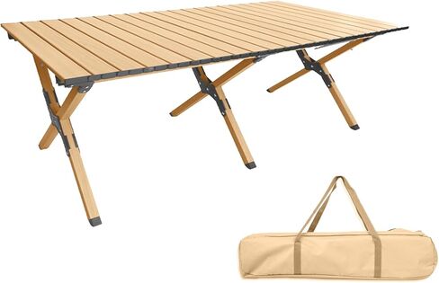 Folding Camping Table, Roll-Up Folding Table with Carry Bag, Portable Aluminum Picnic Table, Low Height Beach Table for Outdoor Use, Travel, BBQ & Hiking, Easy Assembly (Natural) in Kuwait