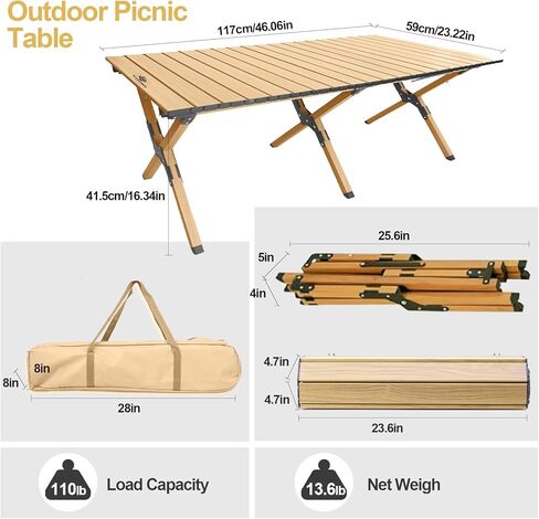 Folding Camping Table, Roll-Up Folding Table with Carry Bag, Portable Aluminum Picnic Table, Low Height Beach Table for Outdoor Use, Travel, BBQ & Hiking, Easy Assembly (Natural) in Kuwait