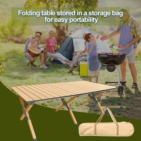 Folding Camping Table, Roll-Up Folding Table with Carry Bag, Portable Aluminum Picnic Table, Low Height Beach Table for Outdoor Use, Travel, BBQ & Hiking, Easy Assembly (Natural) in Kuwait