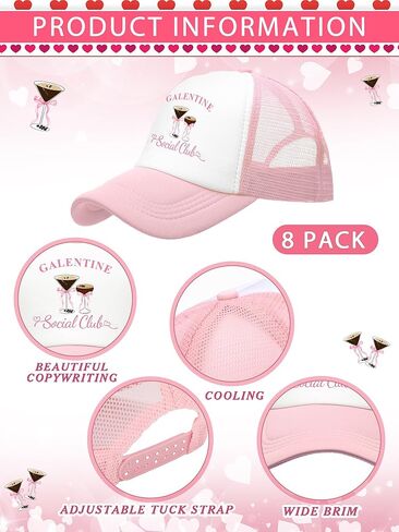 Suhine 8 Pack Galentine Trucker Hats for Women Valentine's Day Social Club Cap for Bestie Friends Galentine Gang Caps Valentine Sleepover Party Favors Goodie Bag Stuffers in Saudi Arabia