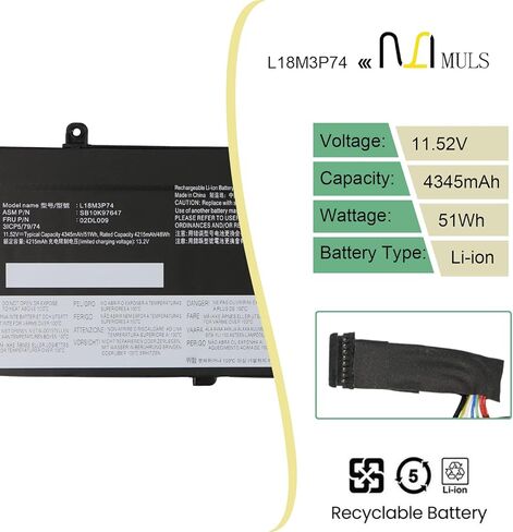 MULS 51WH L18M3P74 L18M3P73 Laptop Battery for Lenovo ThinkPad T490 T495 P43S T14 P14S Gen 1 2 1st 2nd 20N2 20N3 20RY 20RX 20NJ 20NK 20RH 20RJ 20S0 20S1 20W0 20W1 20S4 20S5 20VX 20VY L18L3P73 in Saudi Arabia
