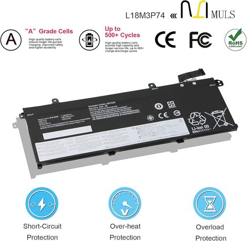 MULS 51WH L18M3P74 L18M3P73 Laptop Battery for Lenovo ThinkPad T490 T495 P43S T14 P14S Gen 1 2 1st 2nd 20N2 20N3 20RY 20RX 20NJ 20NK 20RH 20RJ 20S0 20S1 20W0 20W1 20S4 20S5 20VX 20VY L18L3P73 in Saudi Arabia