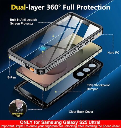 SPIDERCASE Only for Samsung Galaxy S25 Ultra Case Waterproof, Built-in Screen & Camera Lens Protector[IP68] [Military Grade Shockproof] Full Protection Only for S25 Ultra 6.9", Black/Clear in Saudi Arabia