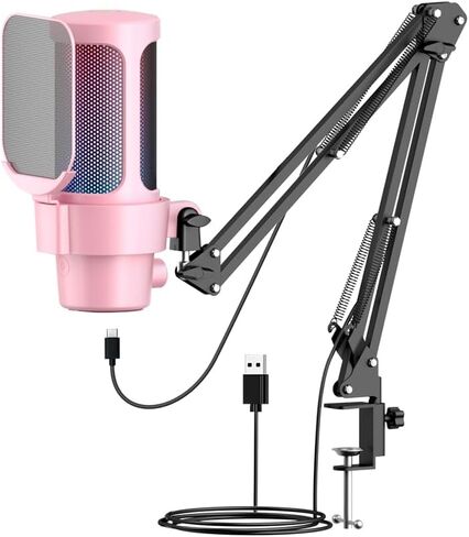 ميكروفون ألعاب plplaaoo USB مع إضاءة RGB لاقط قلبي سريع كتم الصوت ومقبض ذراع ذراع لألعاب الكمبيوتر والبث المباشر والتسجيل والتشغيل المتوافق مع iOS Android (وردي) in Saudi Arabia