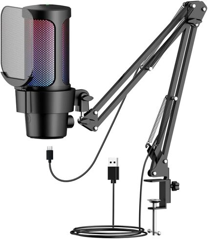 ميكروفون ألعاب plplaaoo USB مع إضاءة RGB لاقط قلبي سريع كتم الصوت ومقبض ذراع ذراع لألعاب الكمبيوتر والبث المباشر والتسجيل والتشغيل المتوافق مع iOS Android (وردي) in Saudi Arabia