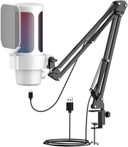 ميكروفون ألعاب plplaaoo USB مع إضاءة RGB لاقط قلبي سريع كتم الصوت ومقبض ذراع ذراع لألعاب الكمبيوتر والبث المباشر والتسجيل والتشغيل المتوافق مع iOS Android (وردي) in Saudi Arabia