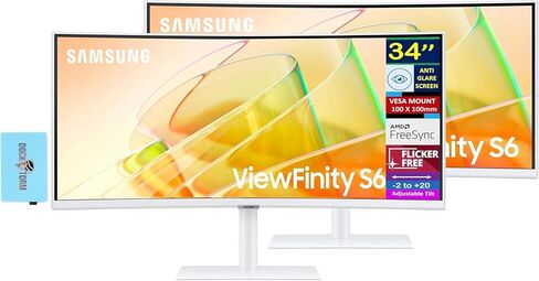 Samsung ViewFinity S6 S65TC 34" Ultra WQHD Curved Monitor with HDR10, AMD FreeSync, Flicker Free, Anti-Glare, VESA Mount (100mm), HDMI & Dockztorm USB Port Expander, White (LS34C654TANXGO) in Saudi Arabia