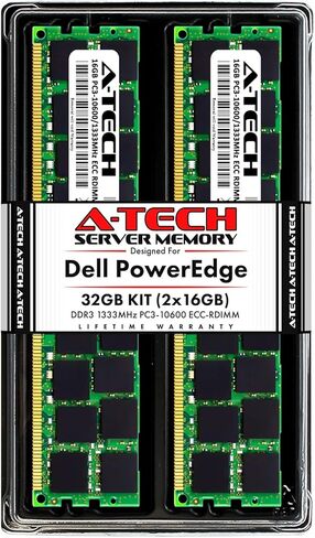 ذاكرة الوصول العشوائي A-Tech سعة 32 جيجابايت (2 × 16 جيجابايت) لـ Dell PowerEdge R410 وR415 وR510 وR515 وR610 وR710 وR715 وR810 وR815 وR910 | مجموعة ترقية ذاكرة خادم DIMM المسجلة DDR3 1333 ميجا هرتز ECC-RDIMM PC3-10600 2Rx4 1.5V ECC in Kuwait