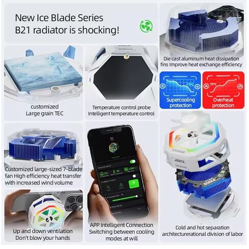مروحة تبريد خلفية مغناطيسية PIVA B21 - تحكم ذكي في درجة الحرارة، ضوء حلقة ألعاب RGB، مبرد مشعاع الهاتف للألعاب مع التحكم في التطبيق (أسود) in Kuwait
